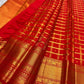 Vermilion Red Gold Checks pure silk Kanchipuram saree, full saree, showing brilliant kumkum red, warm vermilion orange highlights and glowing yellow-gold zari