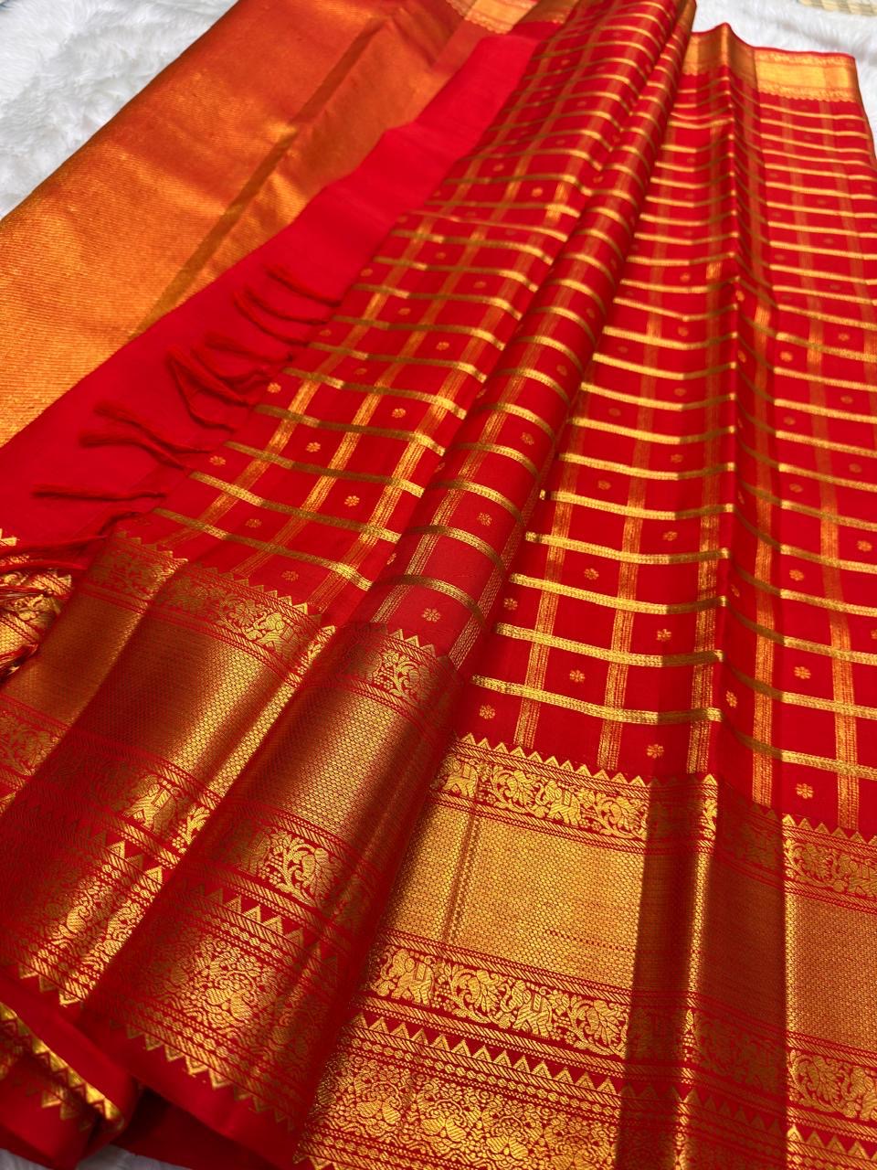 Vermilion Red Gold Checks pure silk Kanchipuram saree, full saree, showing brilliant kumkum red, warm vermilion orange highlights and glowing yellow-gold zari
