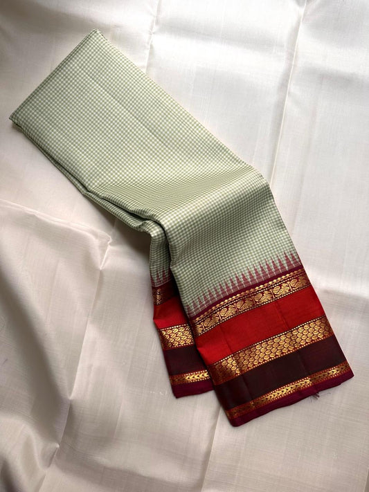 Sage green Kanchi Kattam Kanjivaram silk saree full view with pillar-box red border