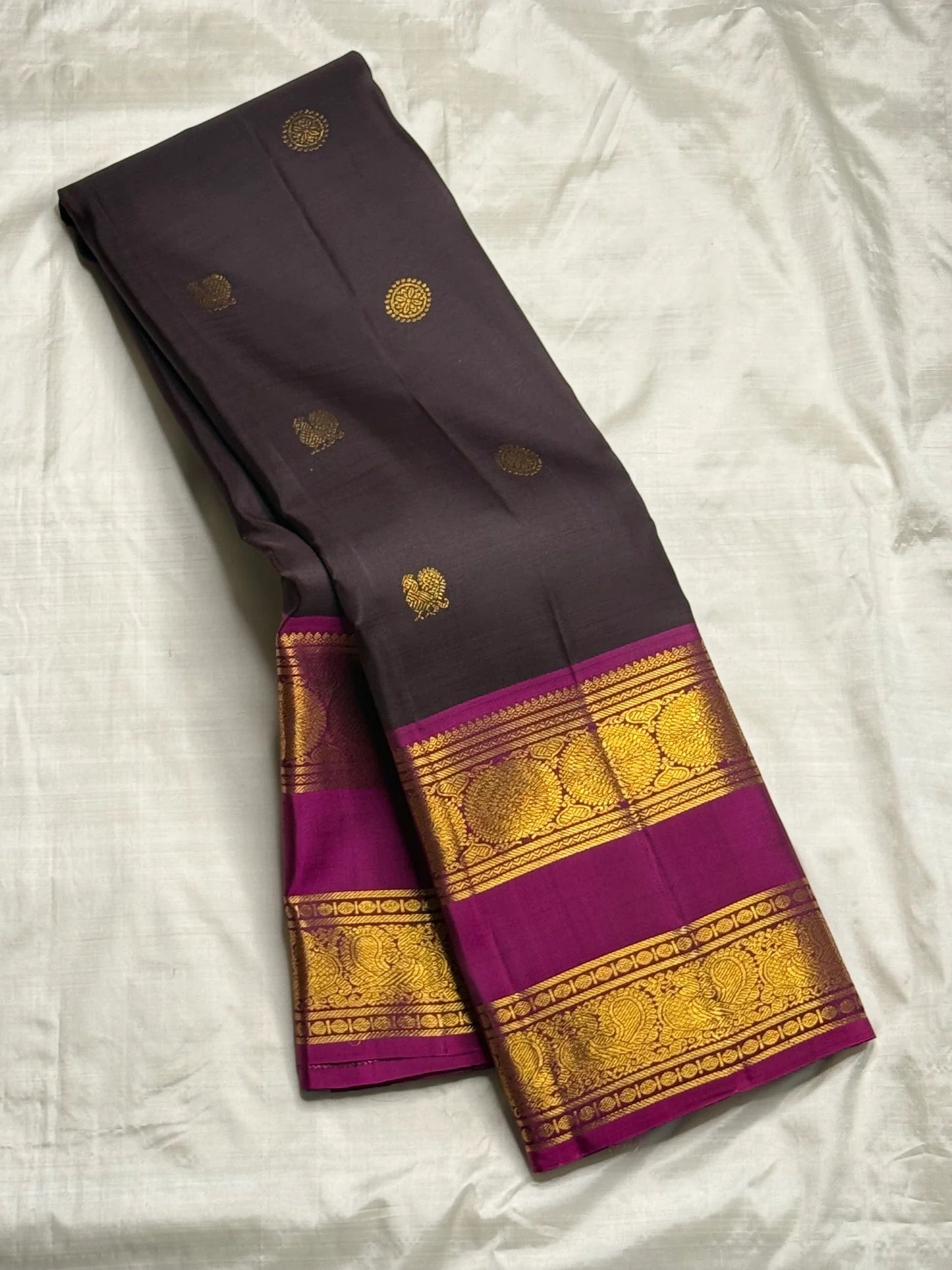 Dark charcoal and magenta zari kattam Kancheepuram silk saree with kamalam and floral butta — Idam Living