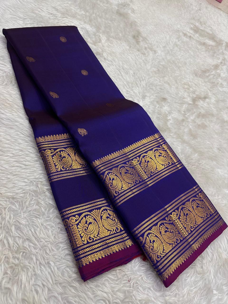 Deep Purple and Magenta Handwoven Pure Silk KanchiPattu Saree with Rettapet Yaanai Chakram Butta and Annam Pallu Border