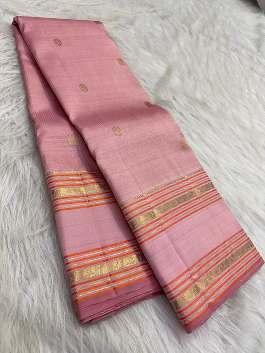 Handwoven Kanjeevaram silk saree, silk thread and zari Rettapet border, Rose Petal Pink