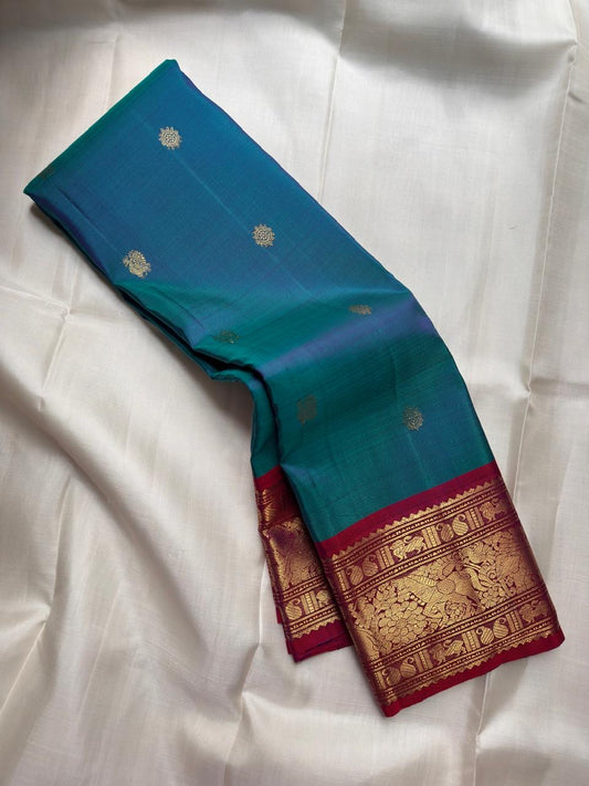 Sapphire blue Kanjeevaram saree with elephant motif Korvai border — Idam Living.