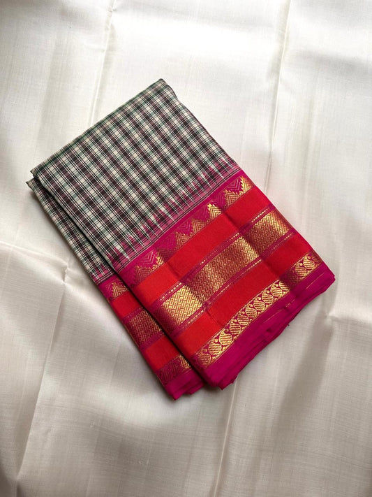 Close-up of olive, maroon, ivory and black Kanchi Kattam checks on Kancheepuram saree