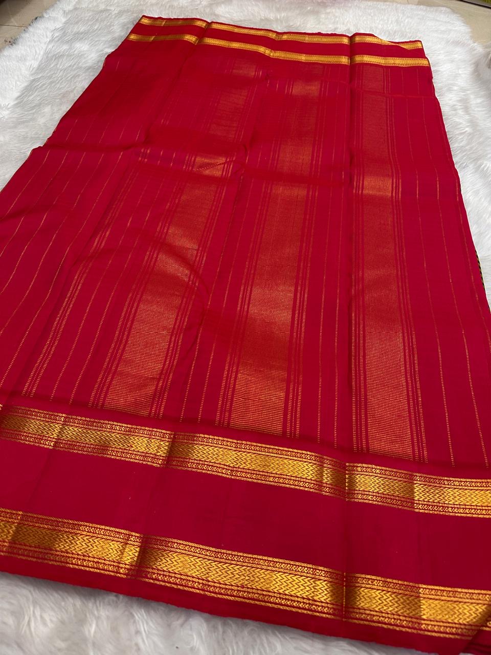 Handwoven Kanjivaram silk saree yellow green checked body with brick red zari rettapet border drape detail Idam Living