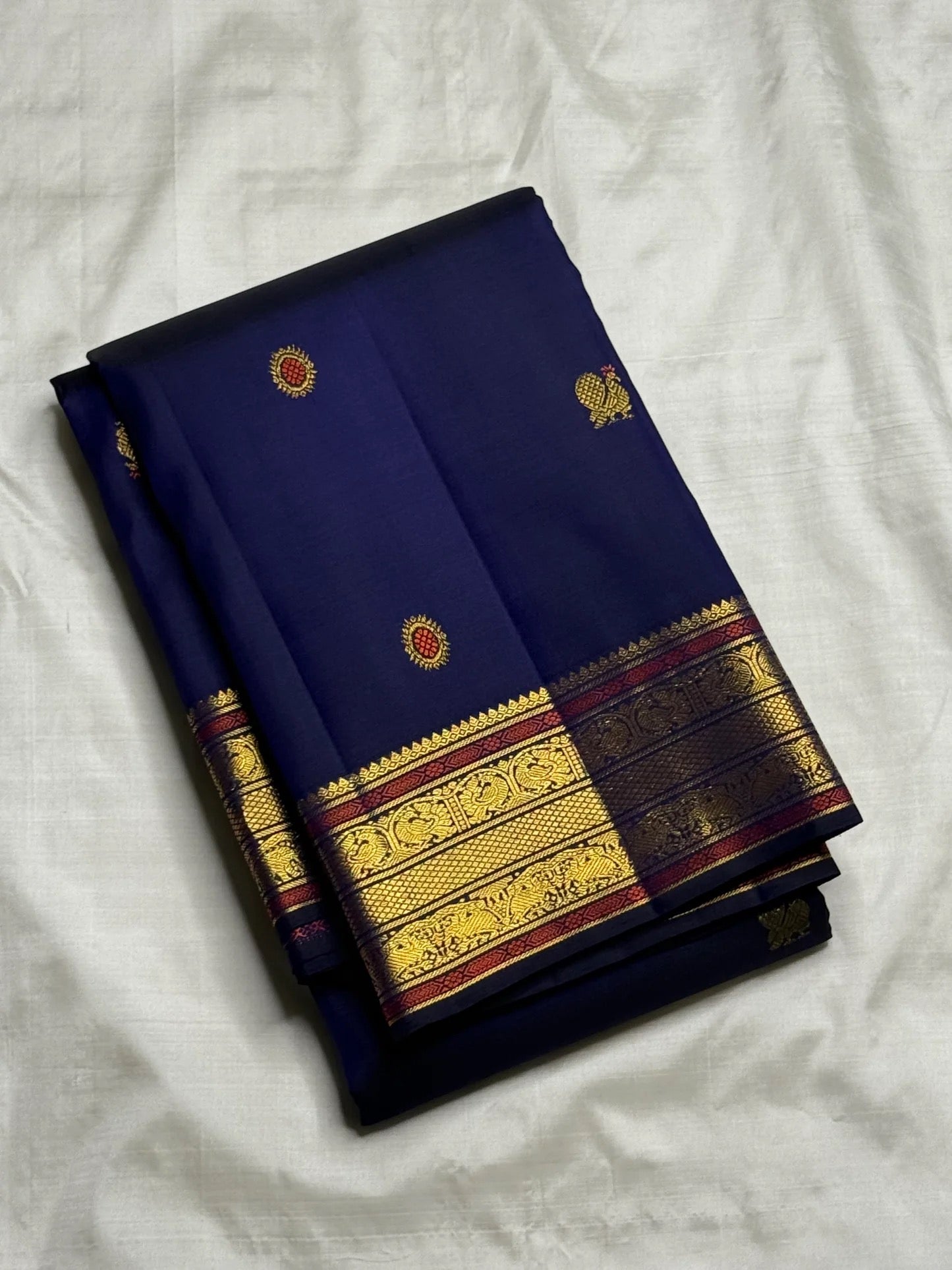 Meenakari silk thread and gold zari butta on midnight navy Kanjipuram silk saree body — Idam Living