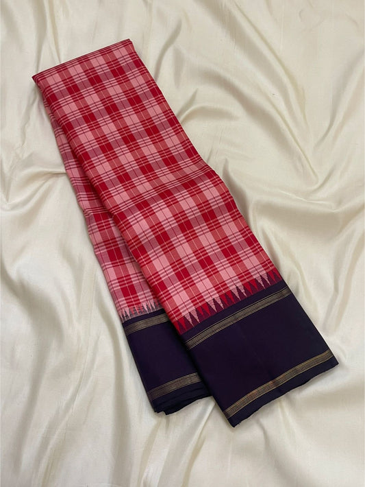 Berry kattam and deep navy handwoven pure silk Kanjivaram saree with Kanchi Kattam multicolour check body and Rettapet border overview