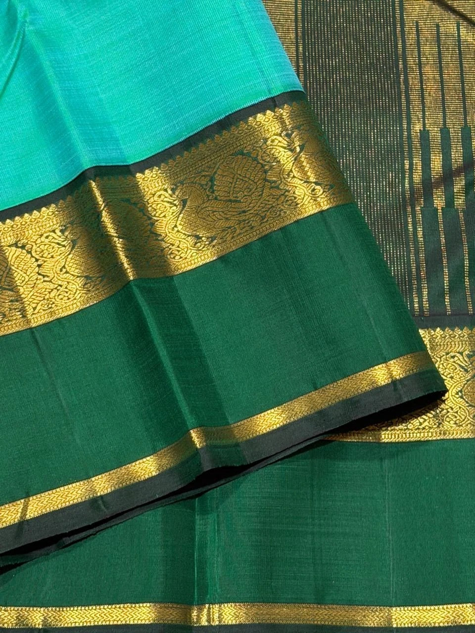 Light Green Handwoven Korvai Kanjivaram Silk Saree with Bottle Green Border