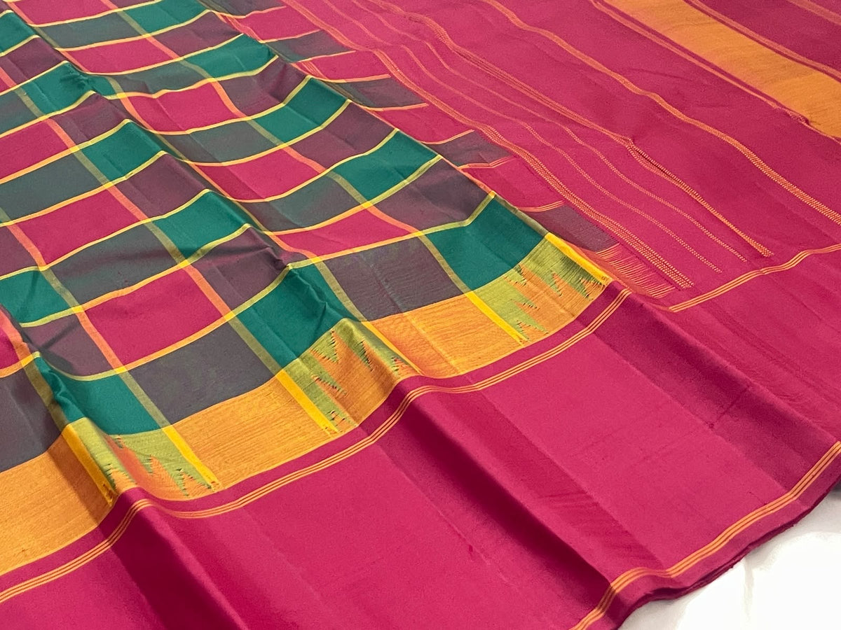 Maragatham green handwoven pure silk Kanchipuram Paalum Pazhamum saree with multicolour checks and Malli Moggu buttas, full view