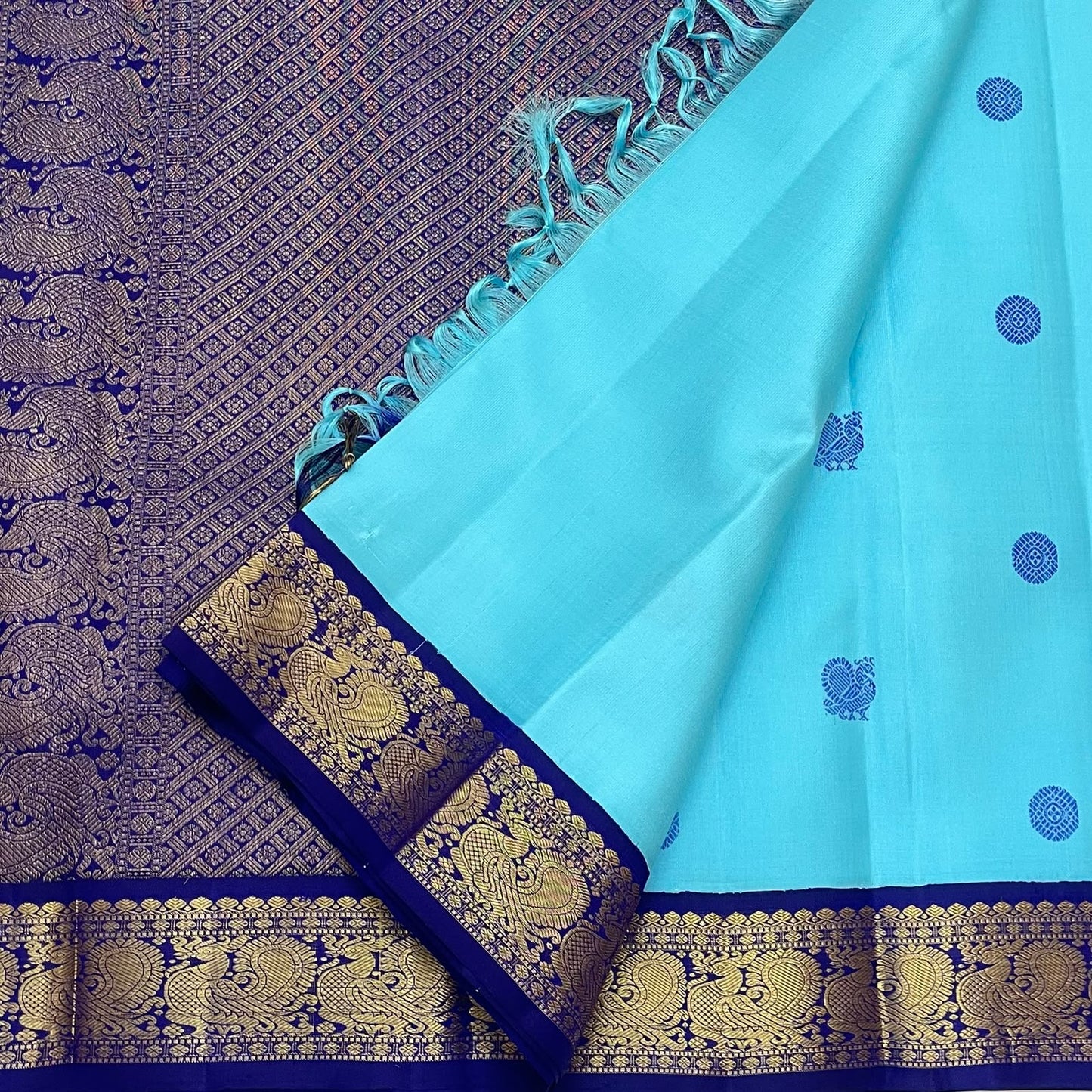Aqua Blue Handwoven Pure Silk Kanjivaram Saree with Korvai Peacock Border