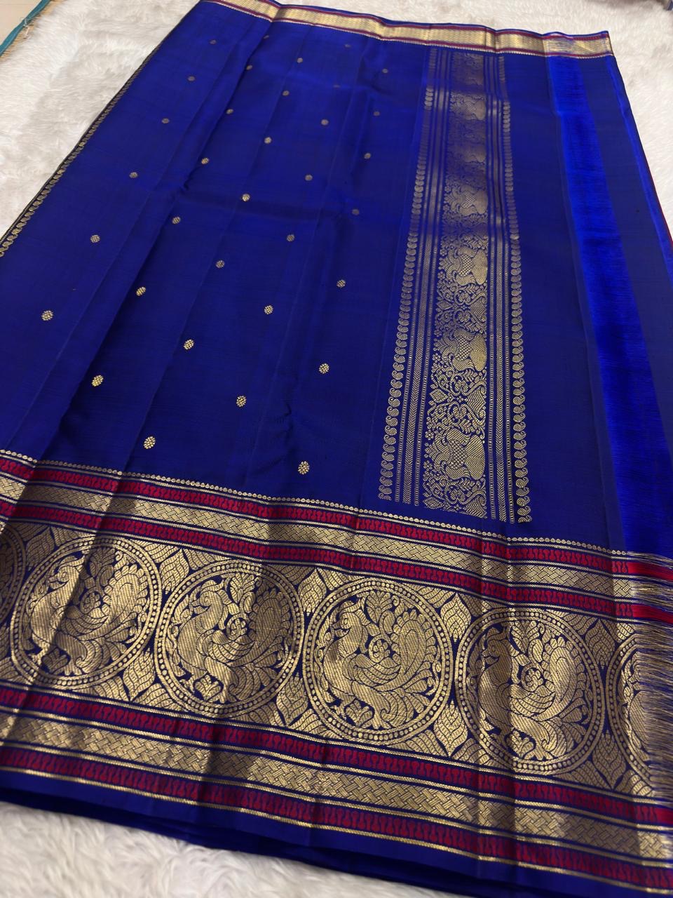 Lavender and Royal Blue Handwoven Pure Silk Kanchipuram Saree with Sorgavaasal Mayil Border