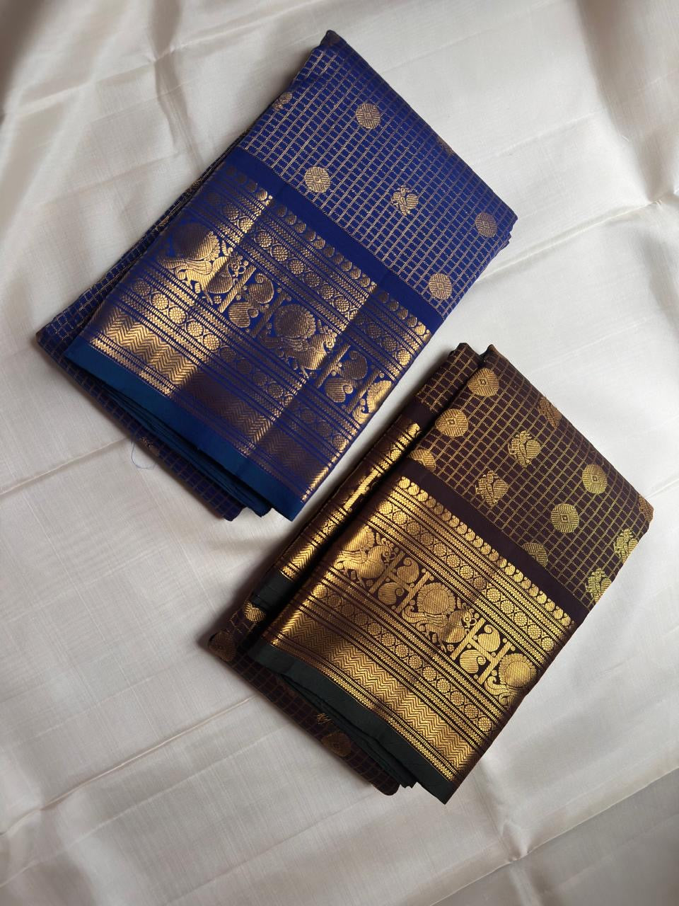 Handwoven royal blue Kanjipuram silk saree, folded view