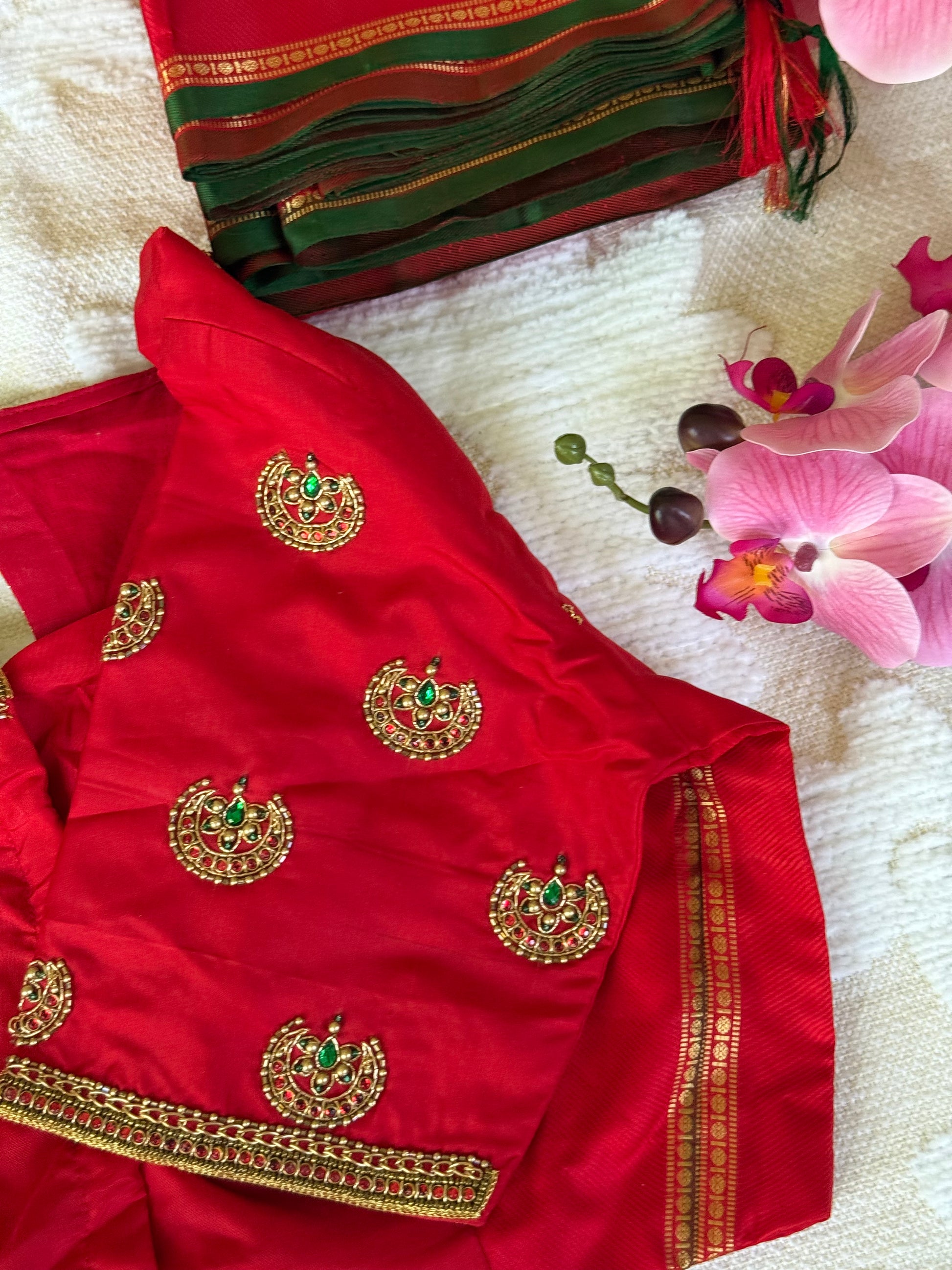 South Indian inspired silk blouse with hand embroidery and rich maroon brown silk texture