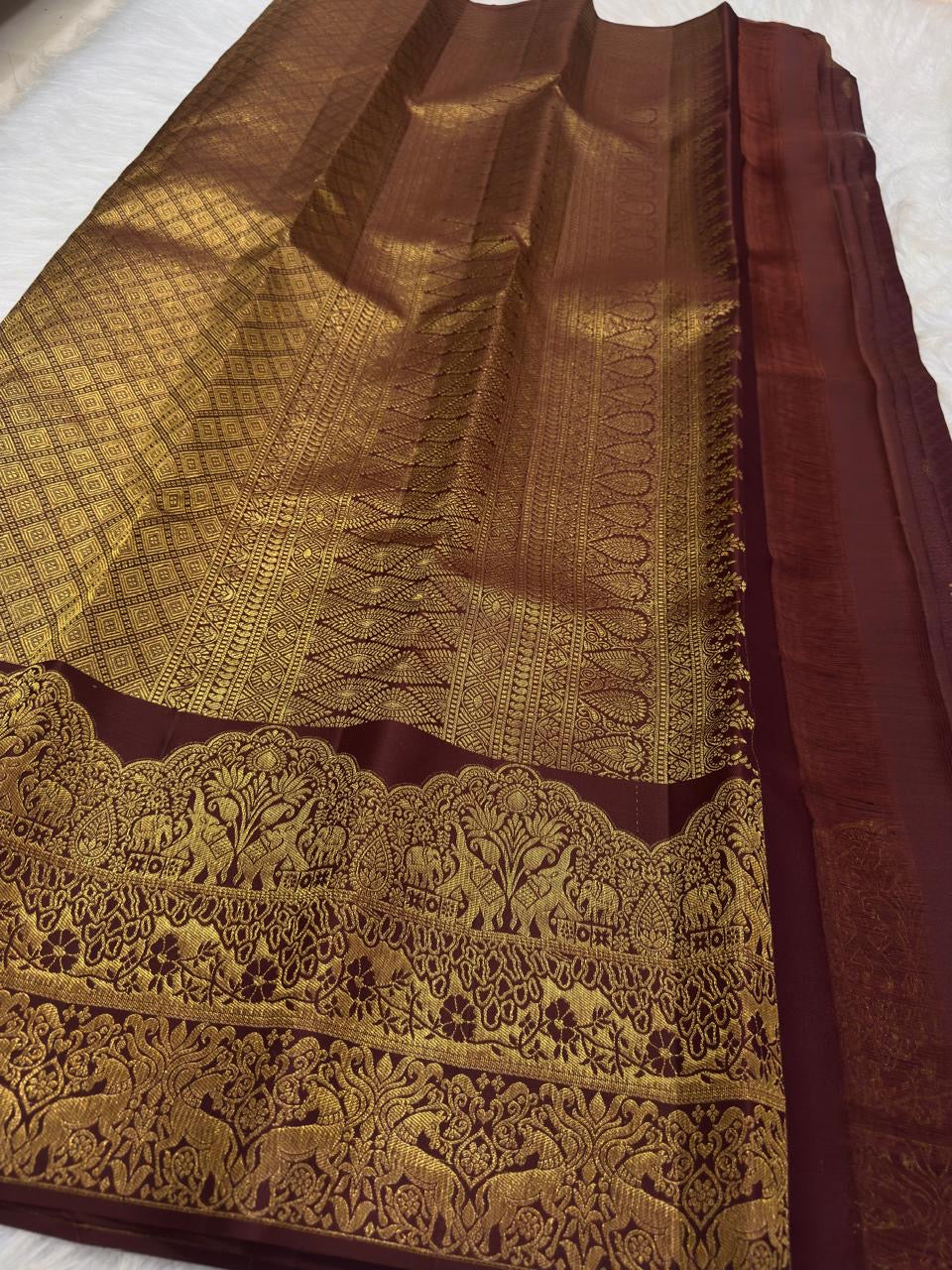 Maroon Kanjipuram pure silk saree, handwoven with tonal zari butta motifs, Idam Living
