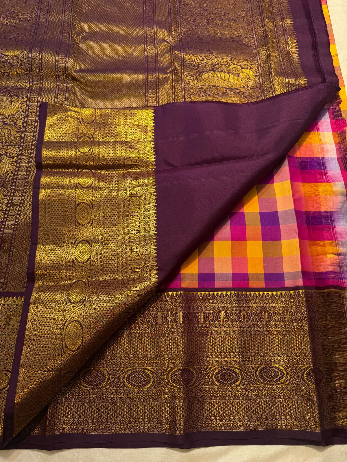 Multicolour Handwoven Pure Silk Kanjivaram Paalum Pazhamum Saree with Aubergine Gold Zari Border