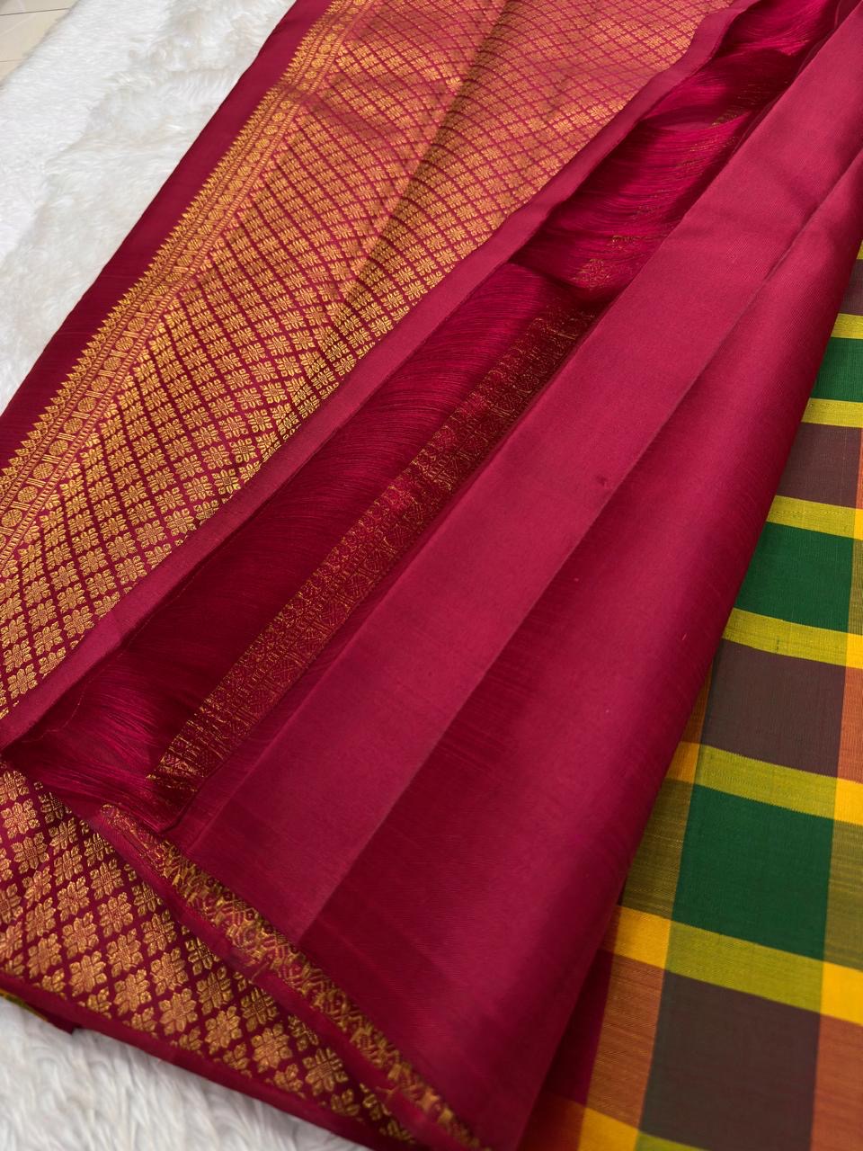 Close view of precisely woven multicolour checks on Pure Silk Kanchipuram