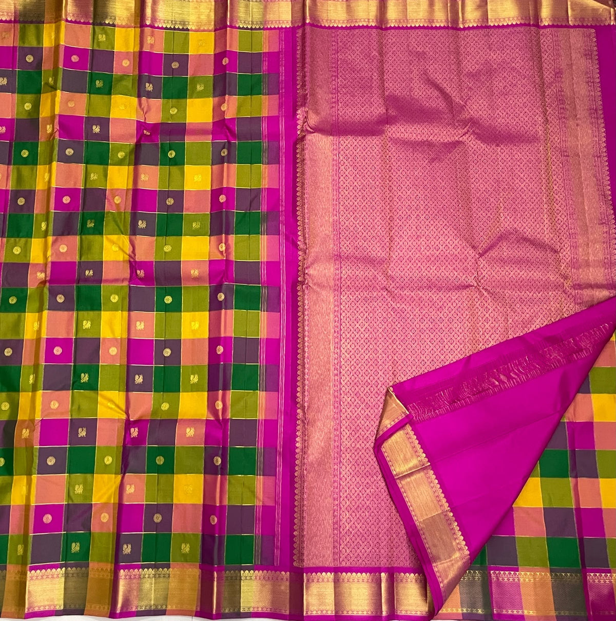 Handwoven multicolour Kanchipuram silk saree draped view