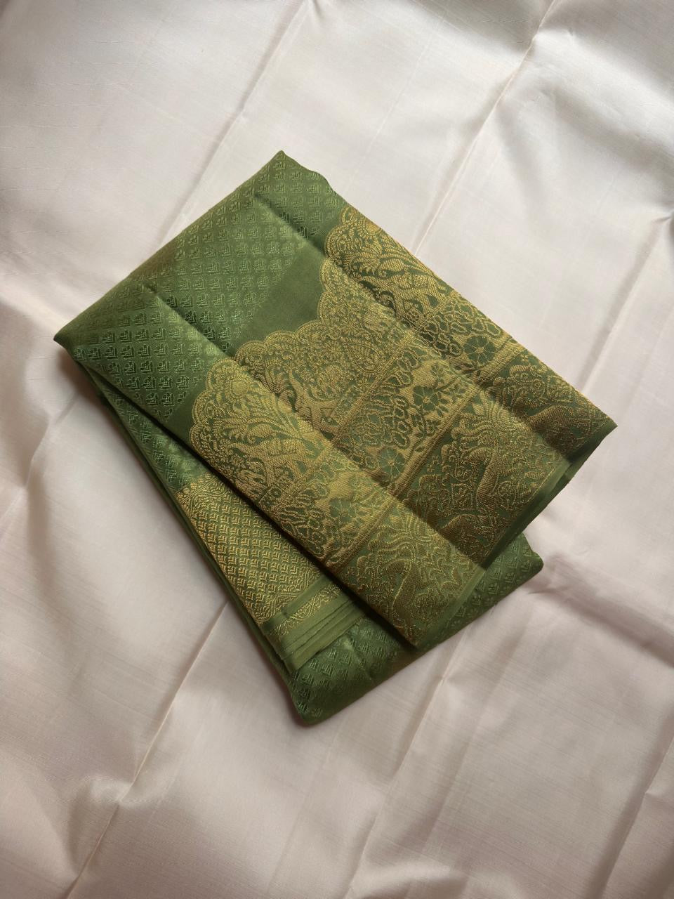 Handwoven olive green Kancheepuram silk saree, Idam Living