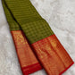 Olive Green pure silk Kanjivaram saree, Zari Kattam weave with Vermilion Gold Zari border — border detail