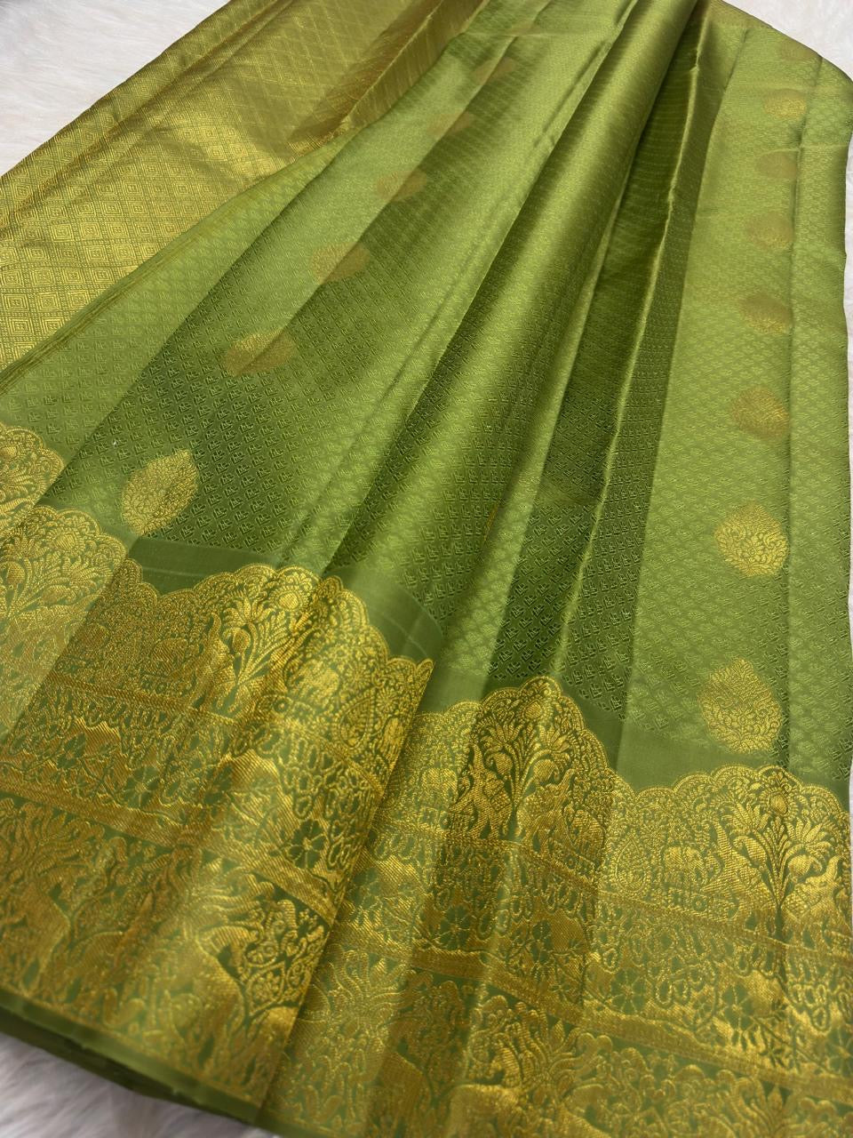 Handwoven olive Kanjipuram pure silk saree, Idam Living