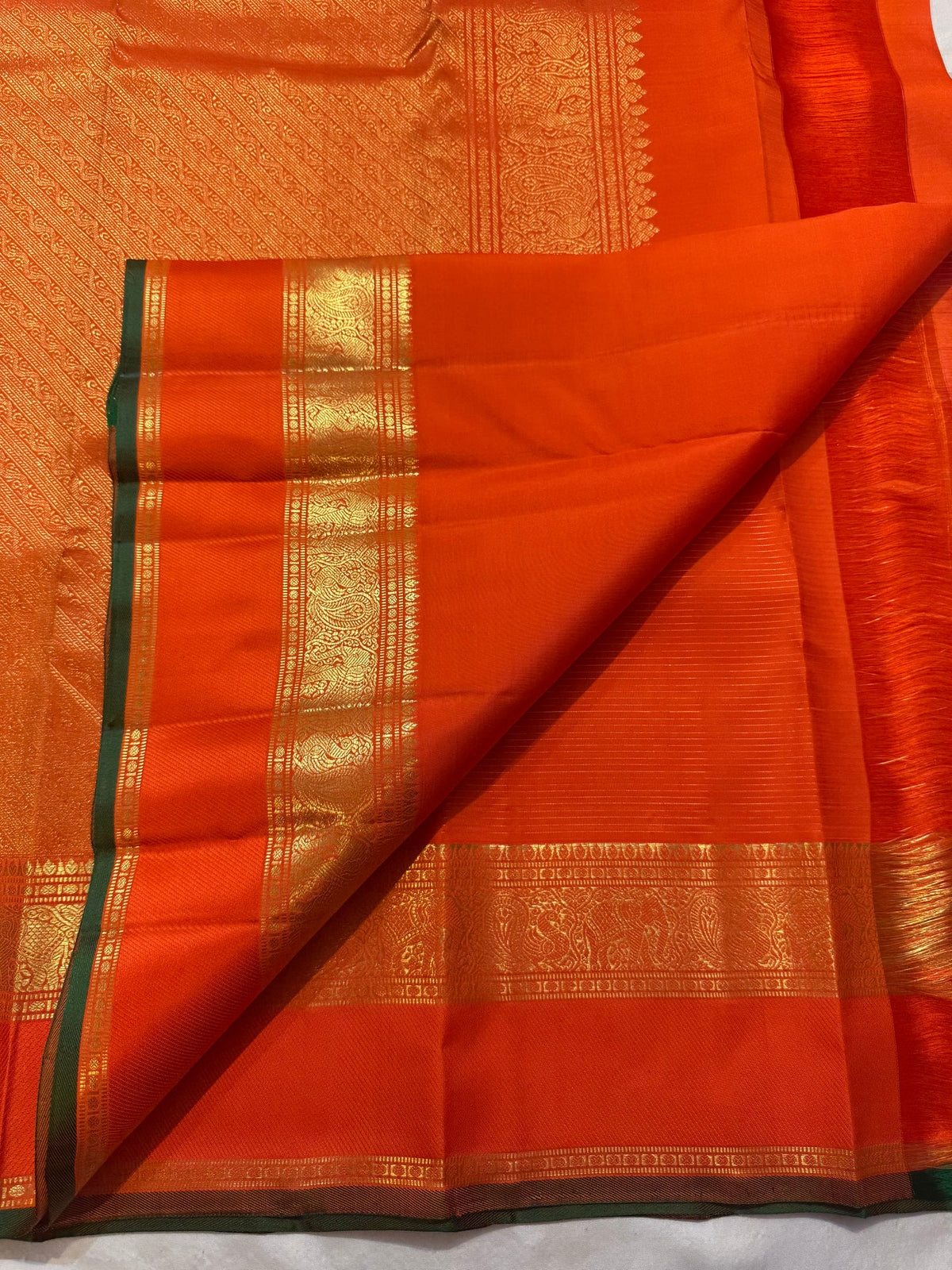 Deep Bottle Green selvedge framing the Orange body.
