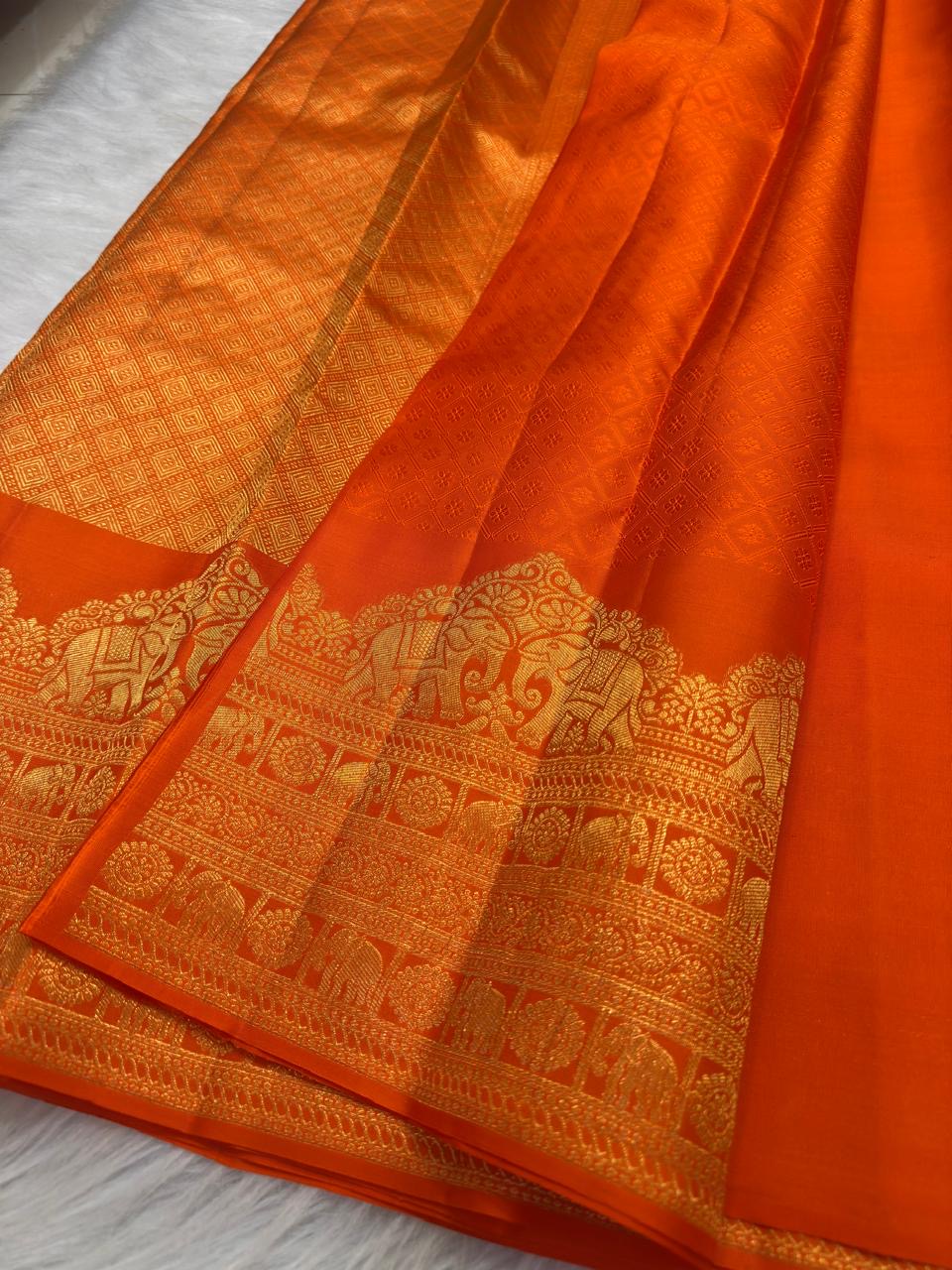 Handwoven orange Kanjipuram pure silk saree, Idam Living