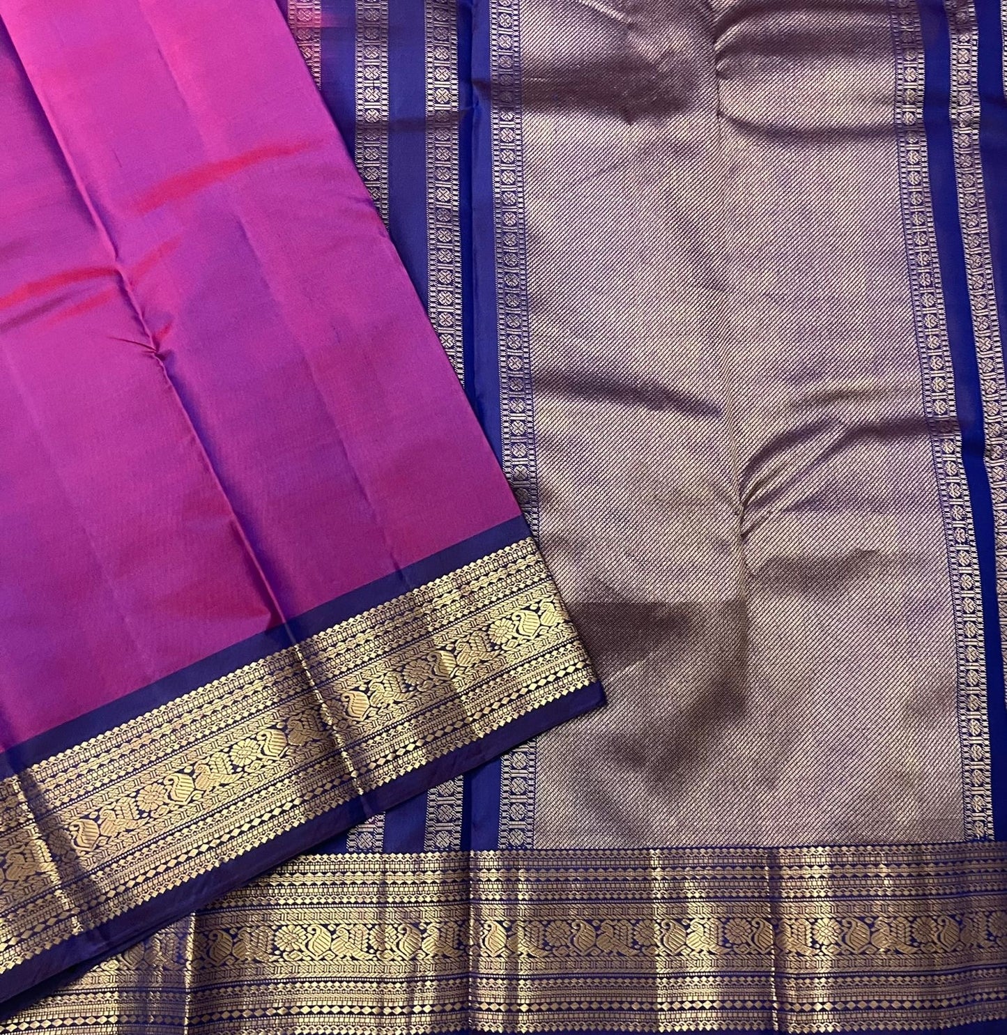 Handwoven fuchsia lightweight silk saree with royal blue varisaipet border — Idam Living