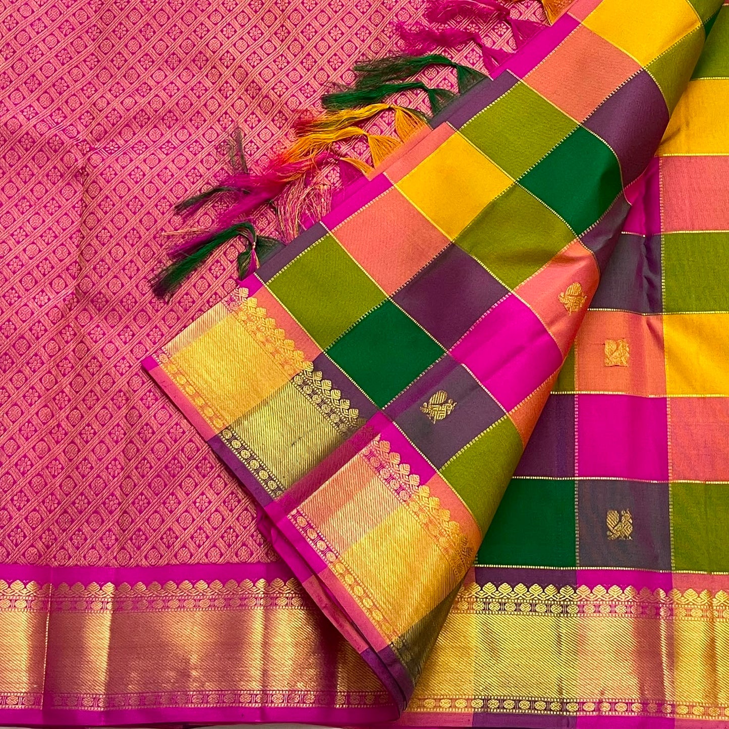 Handwoven Paalum Pazhamum saree with Mayil Chakram and gold zari, draped view