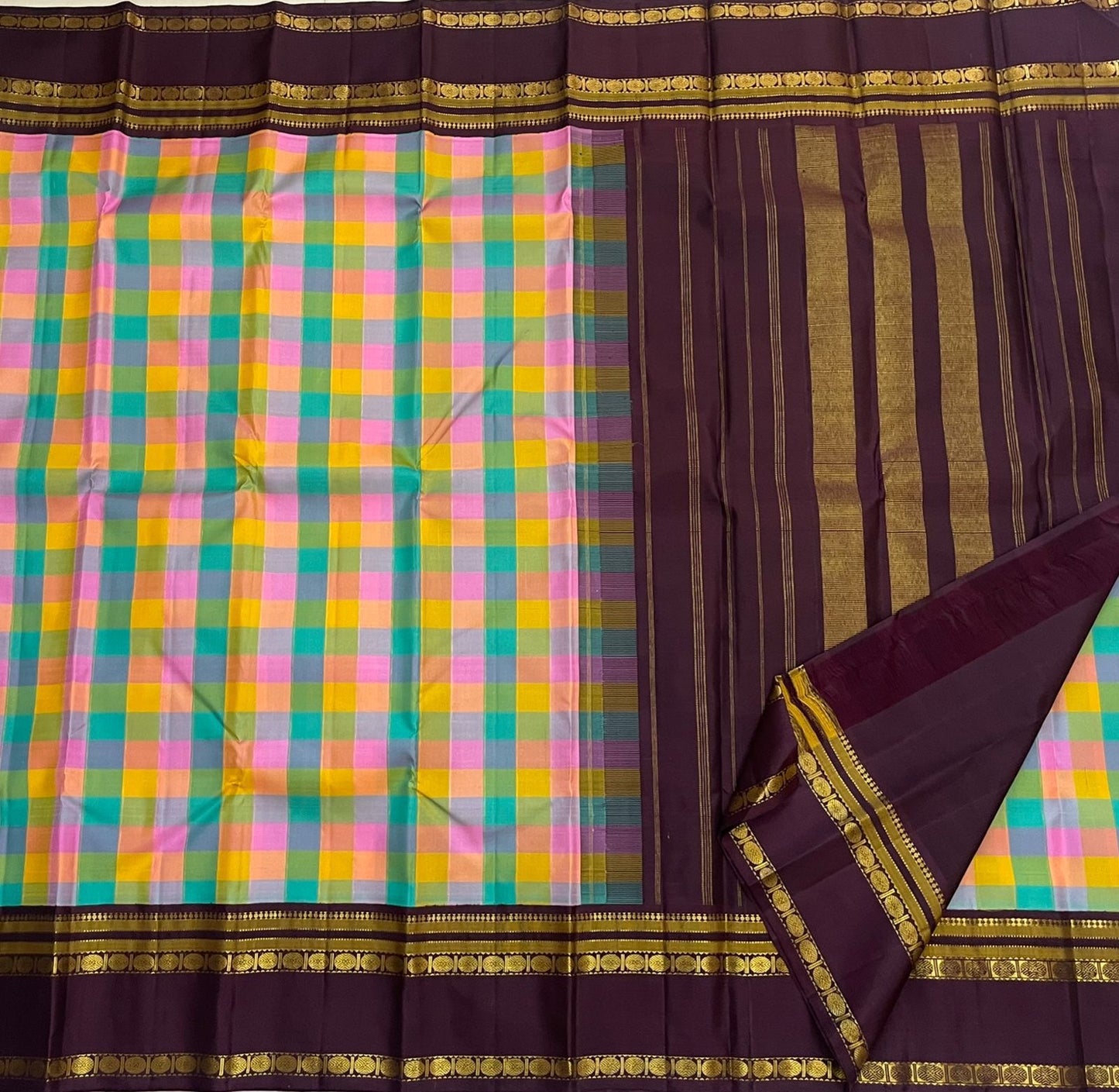 Handwoven paalum pazhamum silk saree with brownish plum rettapet border and gold zari — Idam Living