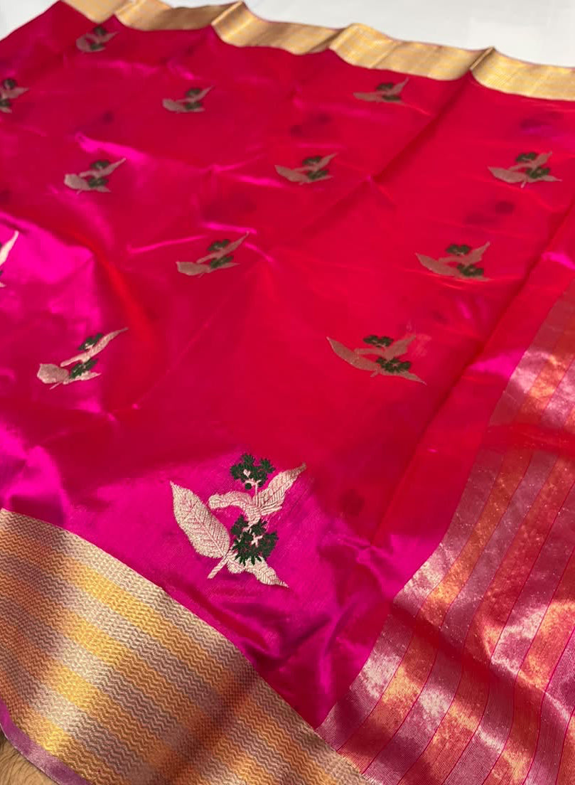 Vadamalli pink Pattu Silk Chanderi saree with green and gold floral butis