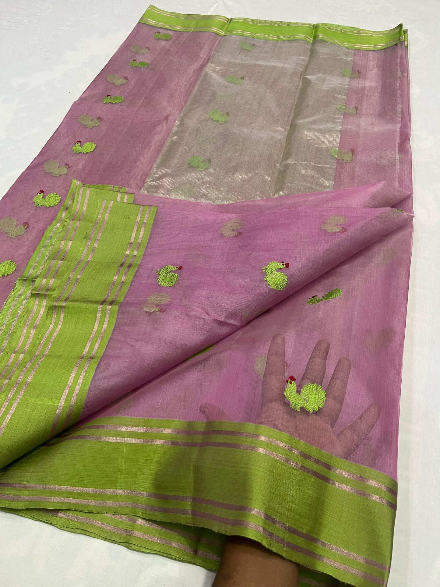 Handwoven pure silk Chanderi saree in soft lotus pink with festive woven motifs