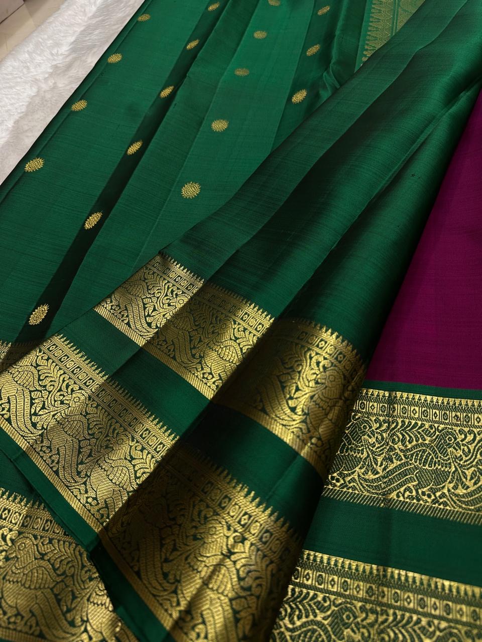 Handwoven pink Kanchipattu silk saree with bottle green zari rettapet border Idam Living