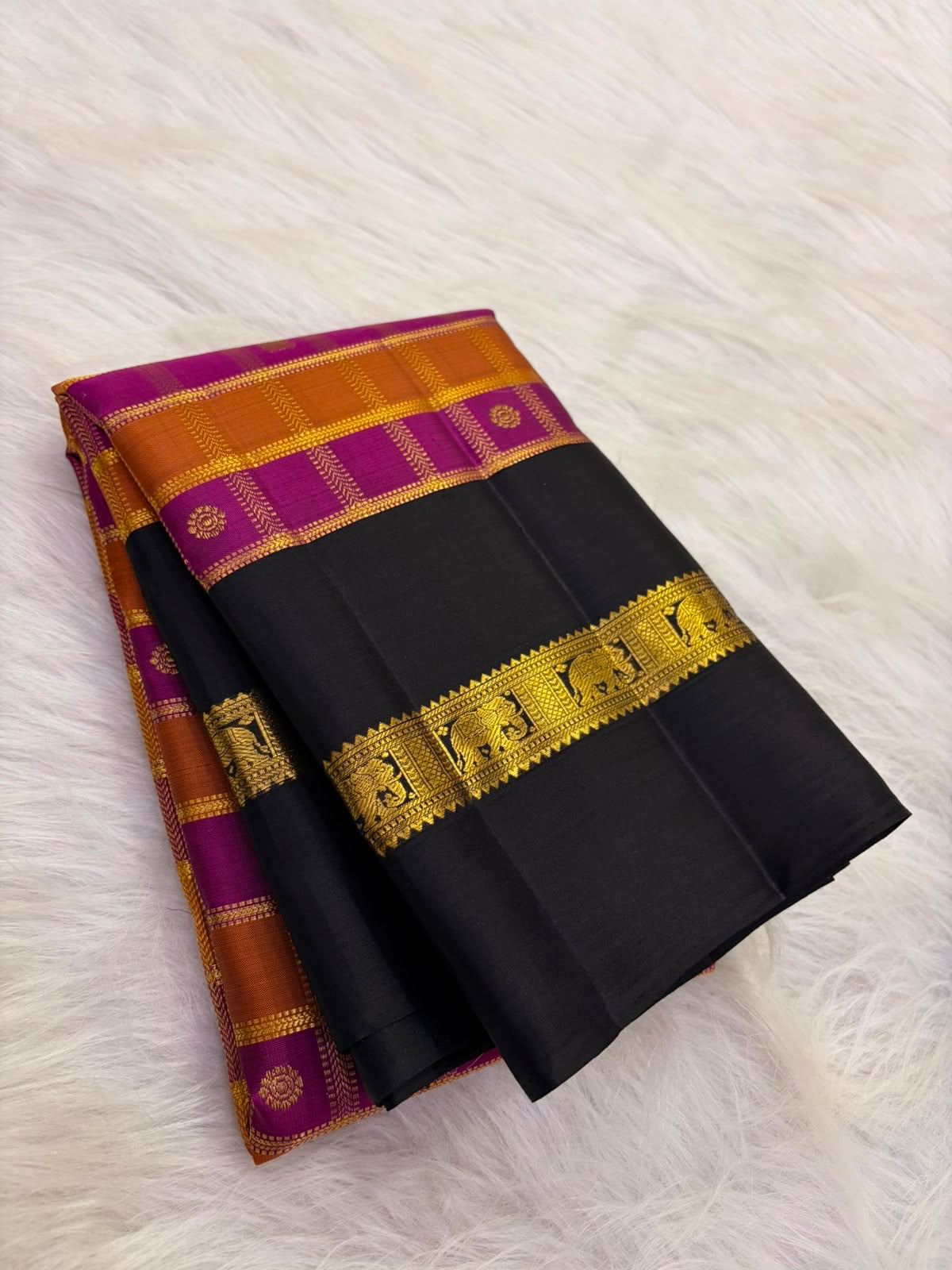 Handwoven raspberry pink and rust orange Kancheepuram saree, full drape