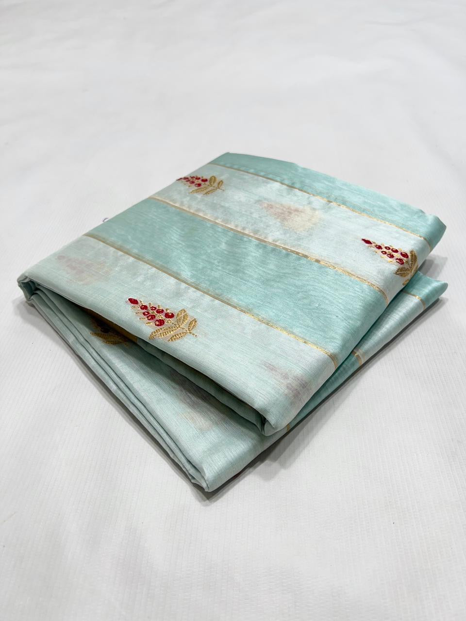 Soft aqua blue Chanderi silk saree with elegant gold zari detailing