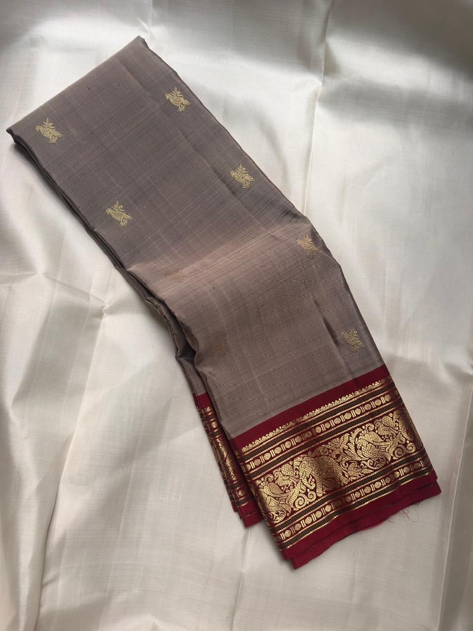 Handwoven Smoky Taupe Kanjipuram silk saree – bird zari butta close-up — Idam Living