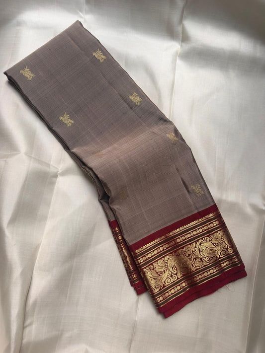 Handwoven Smoky Taupe Kanjipuram silk saree – bird zari butta close-up — Idam Living