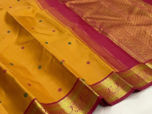Golden ochre Korvai KanchiPattu silk saree, full drape with silk thread buttas — Idam Living