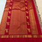 Raspberry red Rettapet border with gold zari elephant motifs on Biscuit Beige Kancheepuram Korvai silk saree