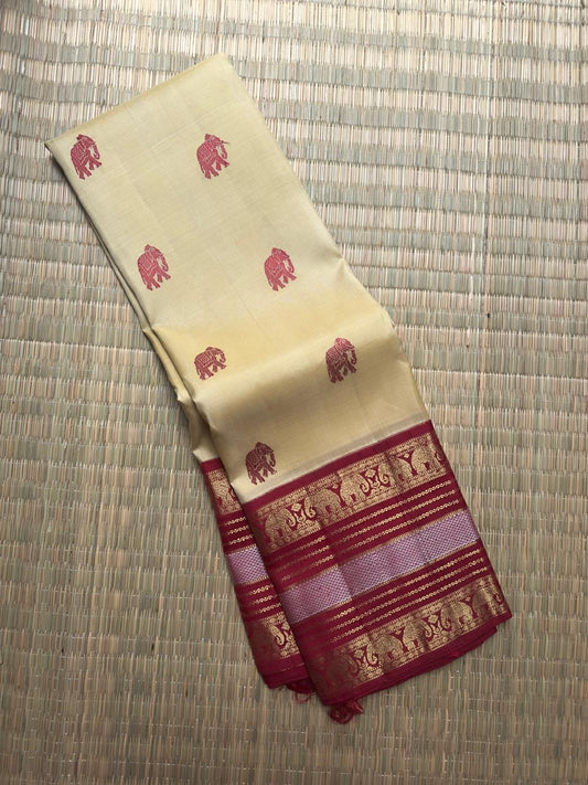 Handwoven ivory Pure Kanchipuram Korvai silk saree with elephant silk thread buttas — Idam Living