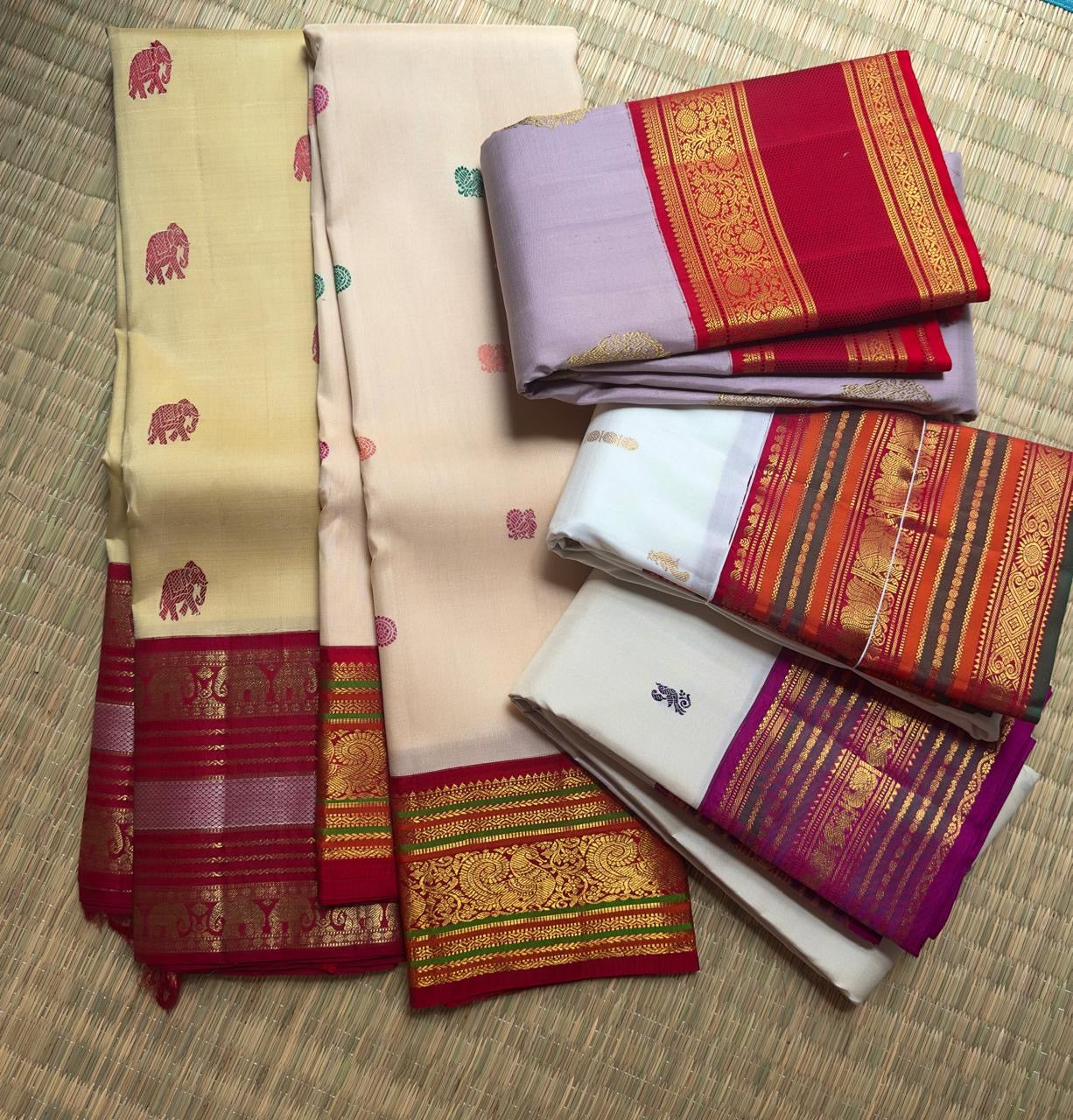 Handwoven ivory Pure Kancheepuram Korvai silk saree with multicolour floral silk thread buttas — Idam Living