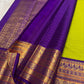 Handwoven pure silk Kanchipuram saree in olive gold with royal purple Varisaipet border — Idam Living