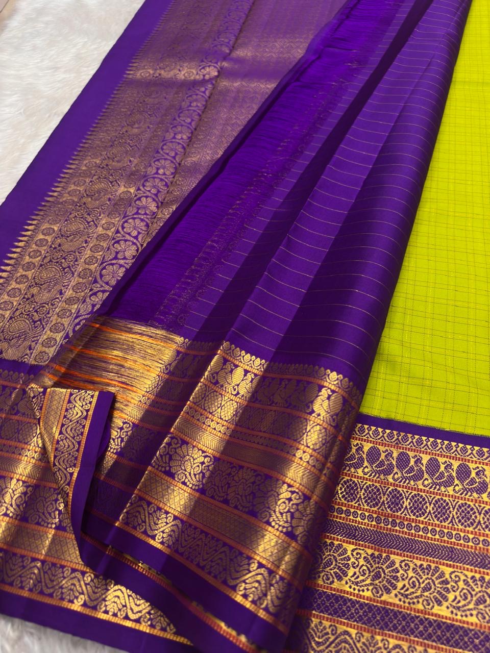Handwoven pure silk Kanchipuram saree in olive gold with royal purple Varisaipet border — Idam Living