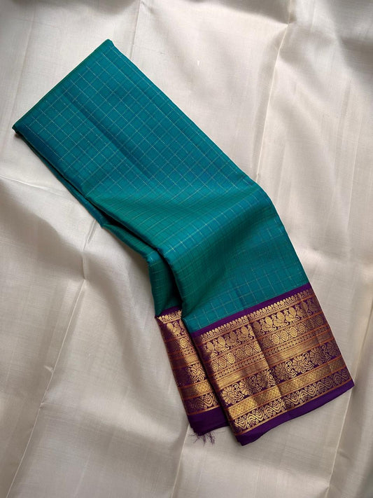 Handwoven pure silk Kanjeevaram saree in peacock teal with royal purple Varisaipet border — Idam Living
