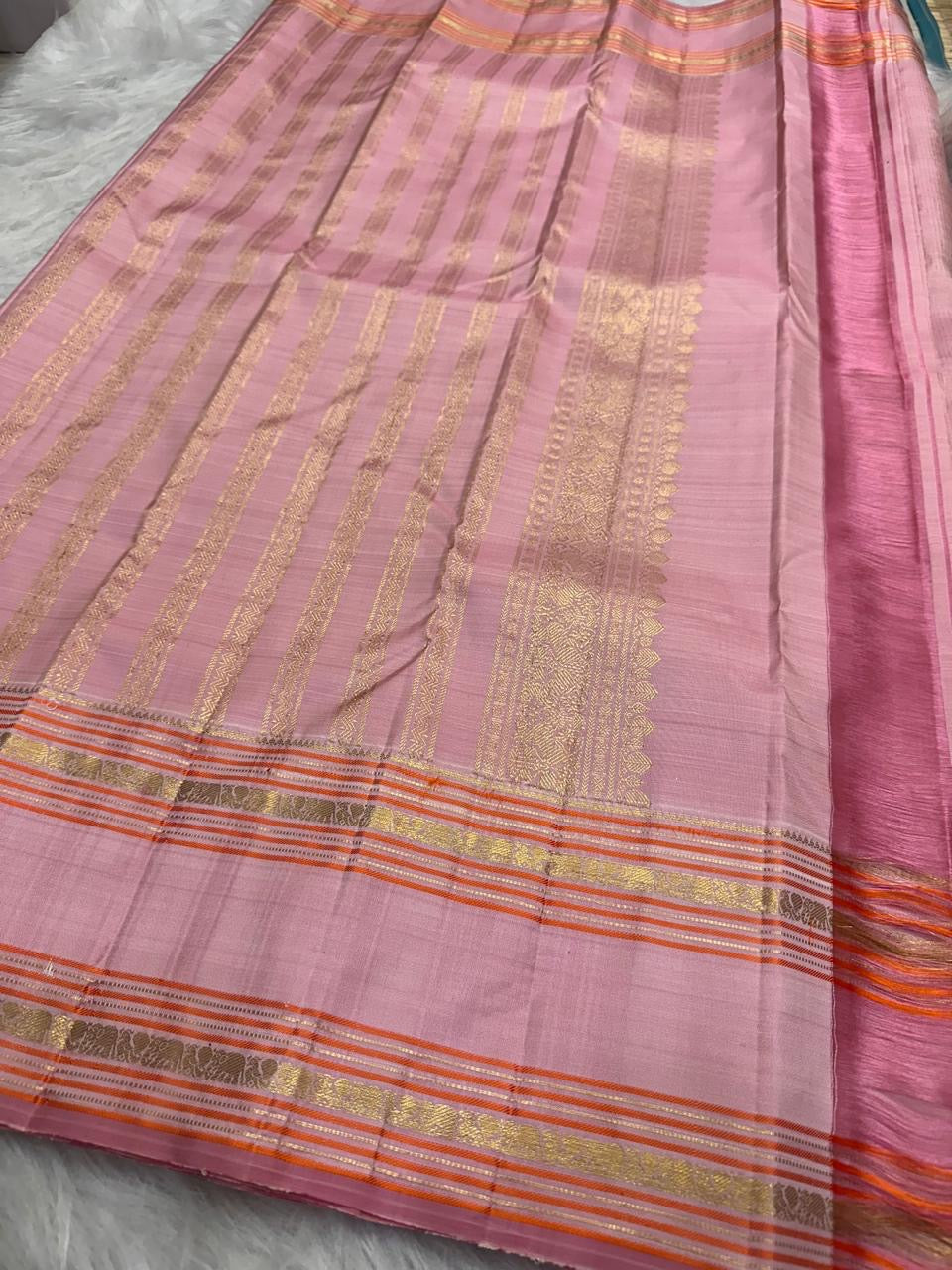 Handwoven Pure Kanjeevaram silk saree, Rose Petal Pink with Rettapet border and Mayil Kamalam buttas — Idam Living