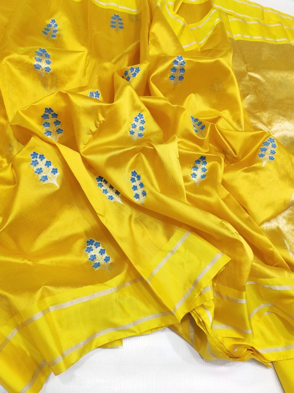 Handwoven Pure Silk Chanderi saree with radiant Manjal yellow body