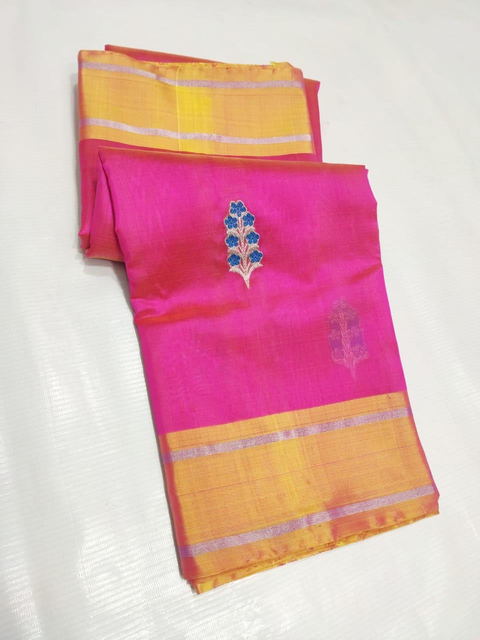 Handwoven Pure Silk Chanderi saree with luminous Rani pink body