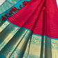Raspberry Pink pure silk Kanjeevaram saree, Korvai weave with Peacock Teal Zari border — blouse piece detail