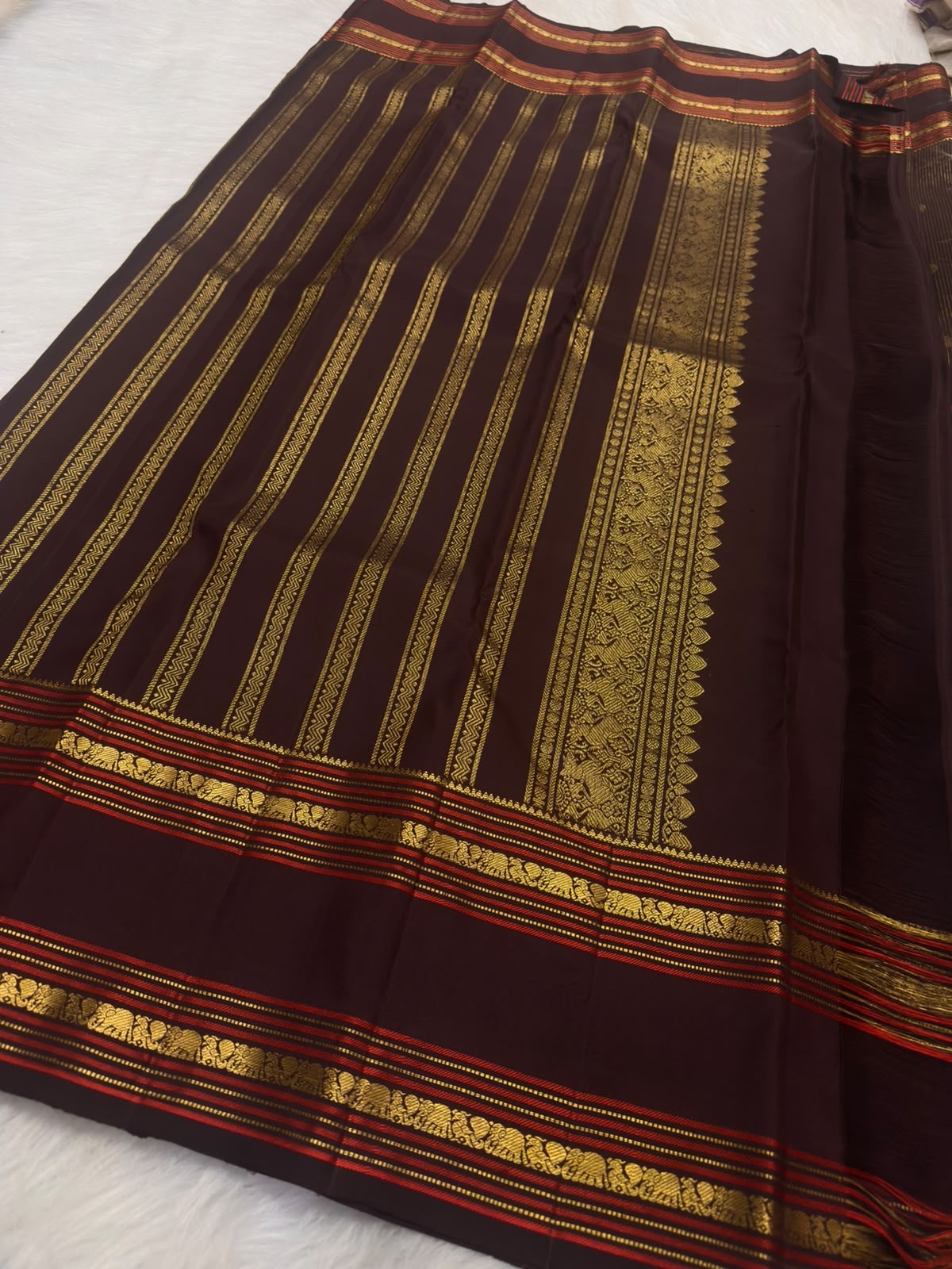 Handwoven Deep Kaapi Maroon Kanchipuram silk saree, full drape, Oosivaanam-style vertical lines