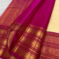 Handwoven pure silk Kanjipuram saree in warm ivory with a layered magenta zari border