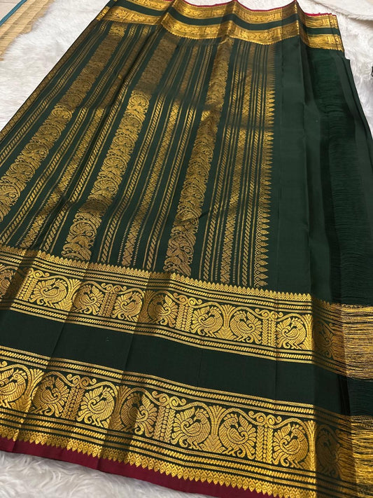 Bottle Green and Arakku Red Handwoven Pure Silk Kanjipuram Saree with Rettapet Yaanai Chakram Butta and Annam Pallu Border